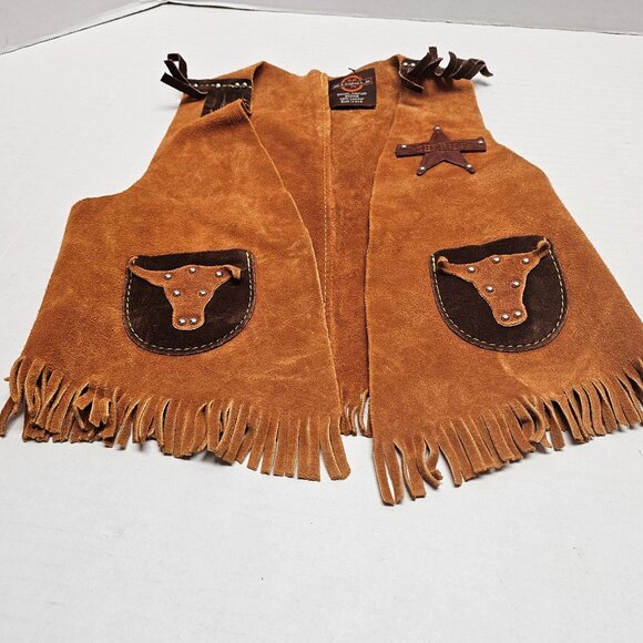 Brown Kids Leather Cowboy Suede Western Fringed Sheriff Badge John R Craighead - Picture 1 of 13
